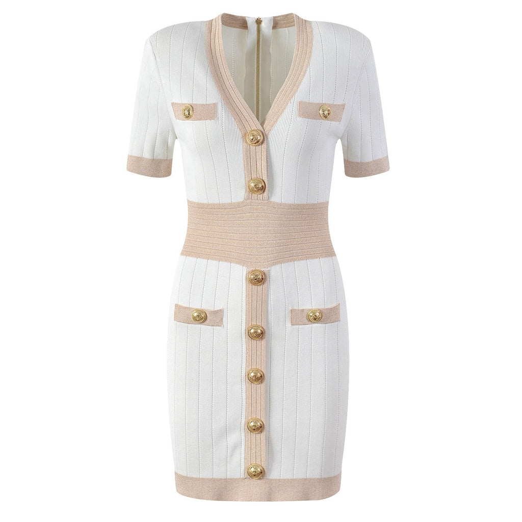 Ice Silk Knit Dress with Gold Buckle For Women, V-Neck, Upper East Side, BYMANYC New York.-1