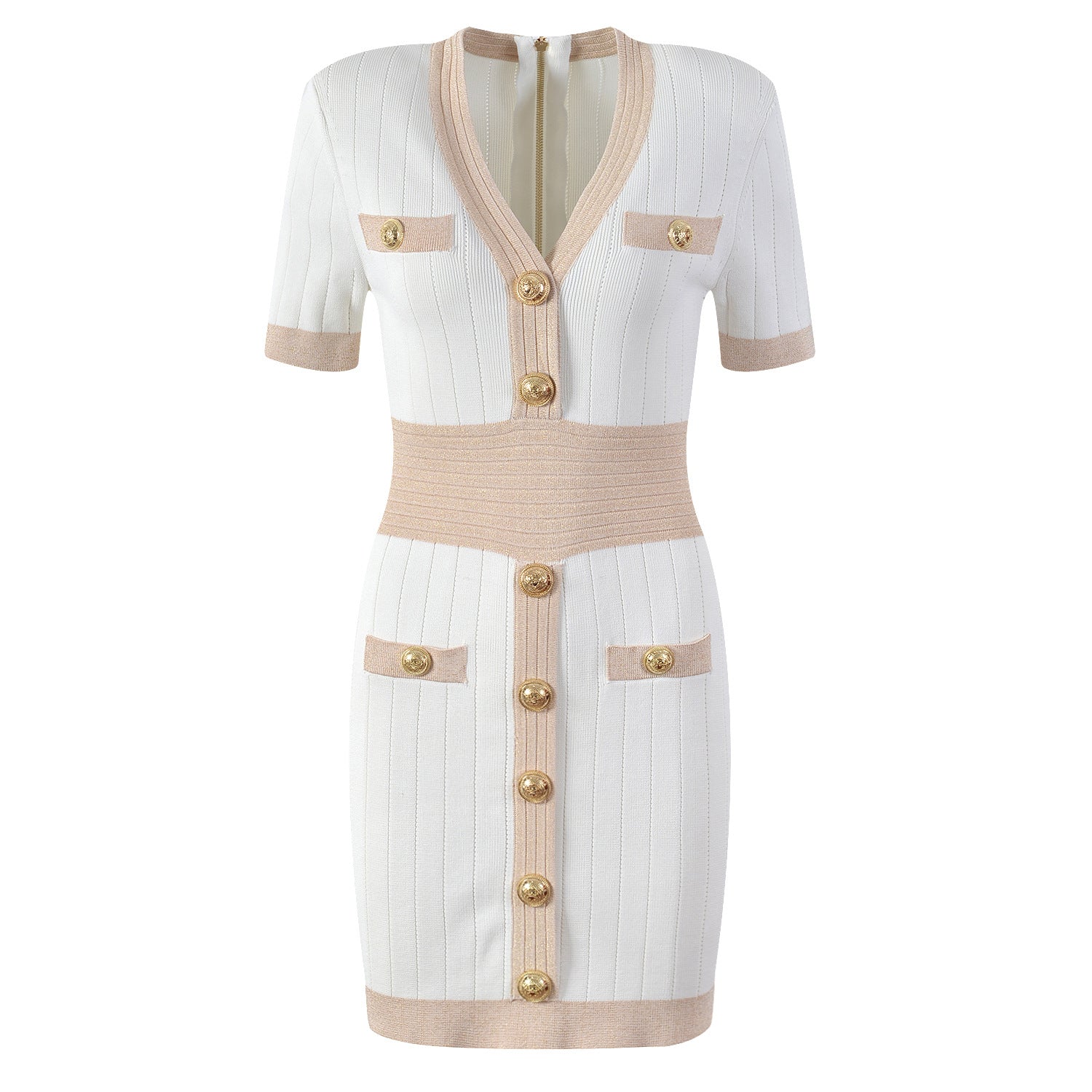Ice Silk Knit Dress with Gold Buckle For Women, V-Neck, Upper East Side, BYMANYC New York.-1