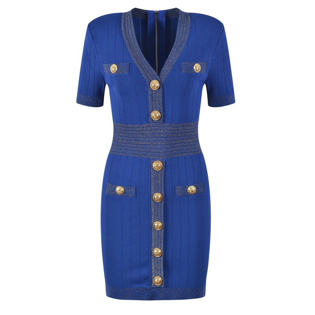 Ice Silk Knit Dress with Gold Buckle For Women, V-Neck, Upper East Side, BYMANYC New York.-2