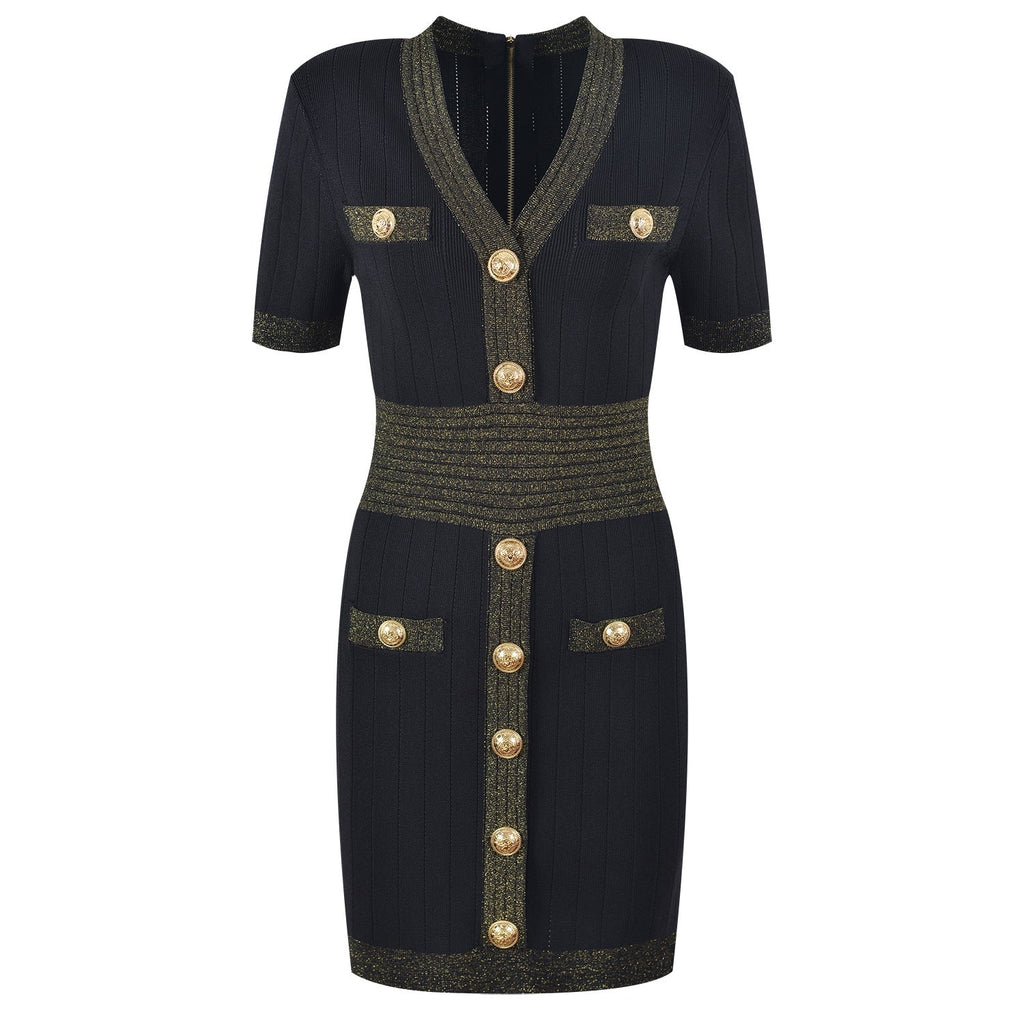 Ice Silk Knit Dress with Gold Buckle For Women, V-Neck, Upper East Side, BYMANYC New York.-3