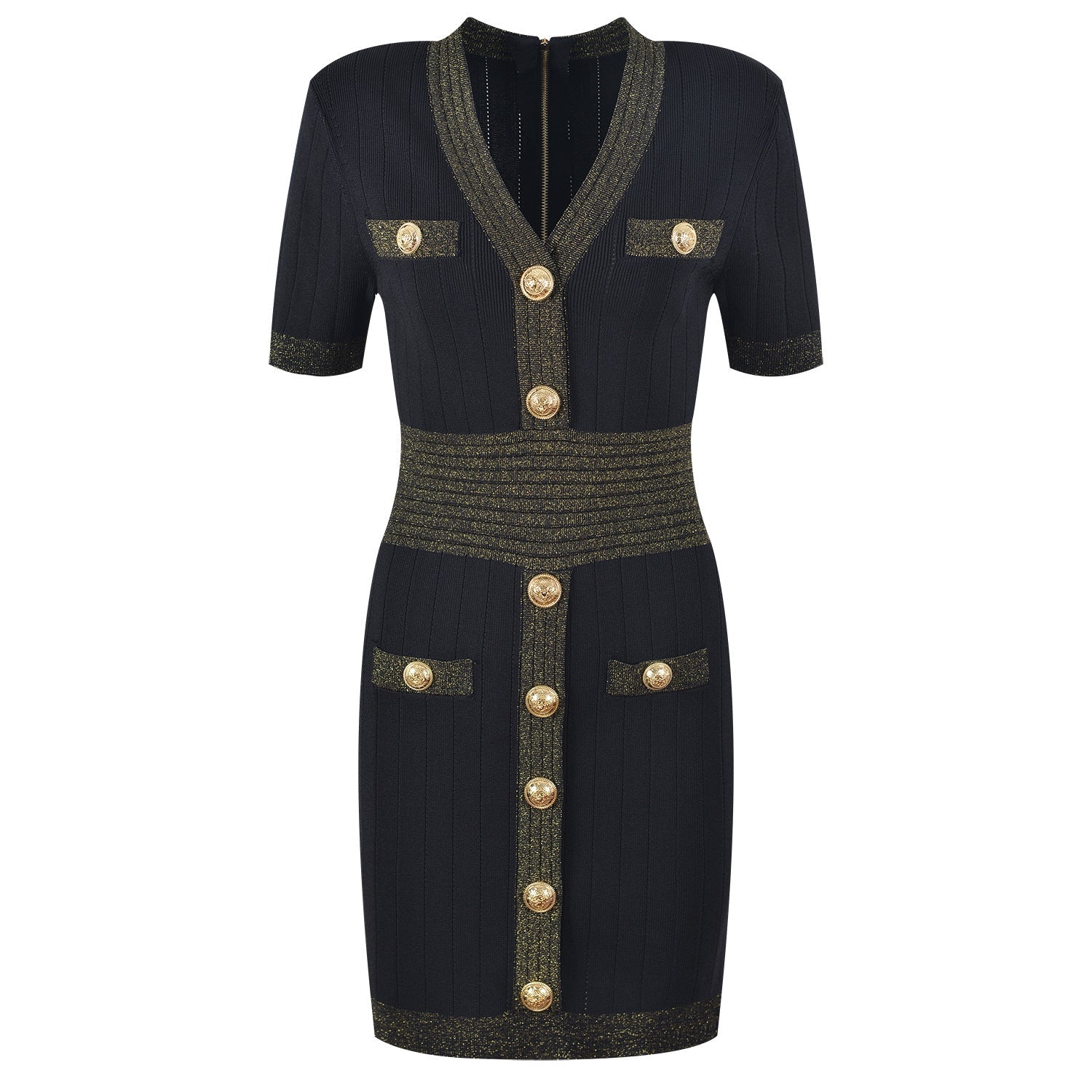 Ice Silk Knit Dress with Gold Buckle For Women, V-Neck, Upper East Side, BYMANYC New York.-3