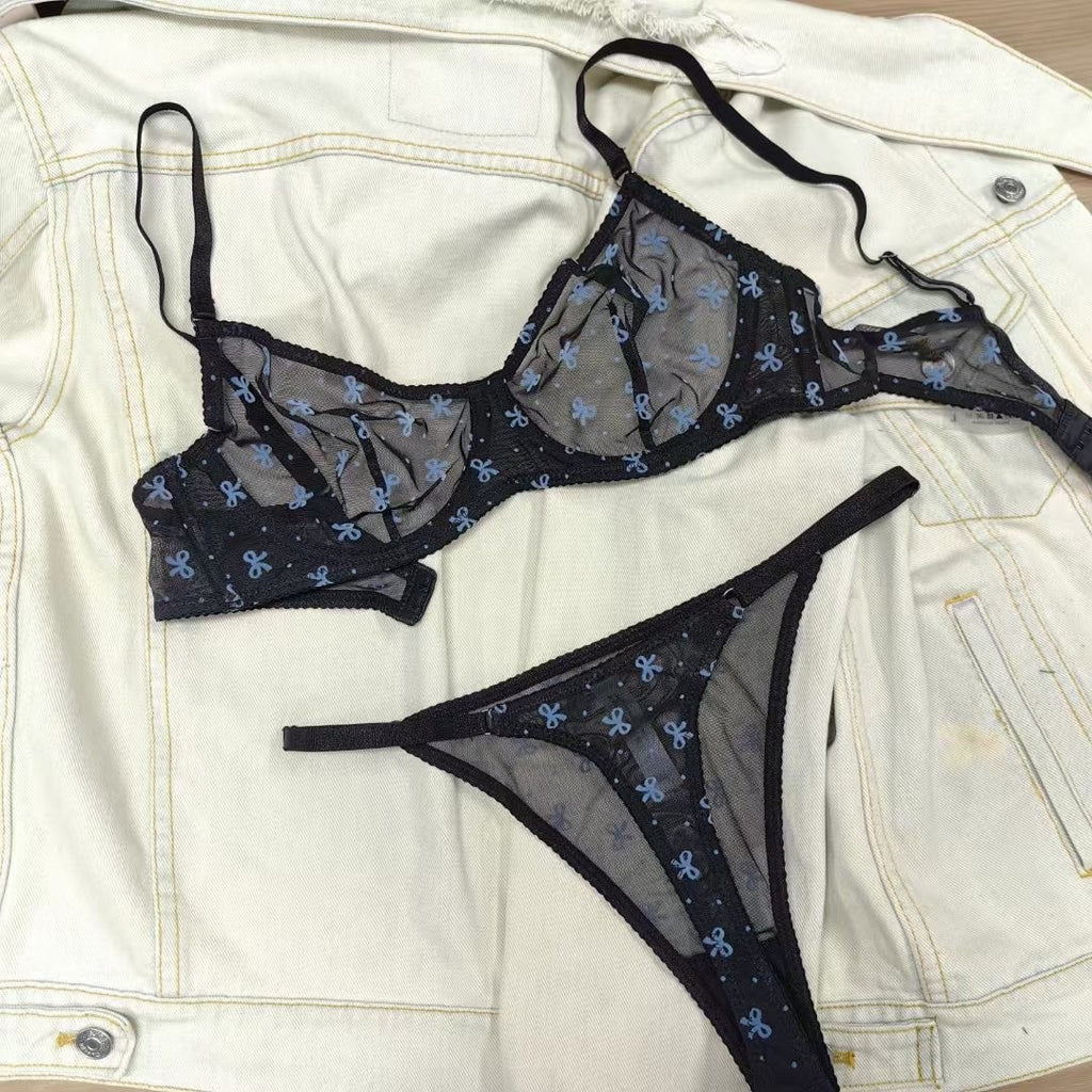 Sexy Lingerie Ultra-thin Sheer Flocked Printed Mesh Large Bust Minimizer Bra Set