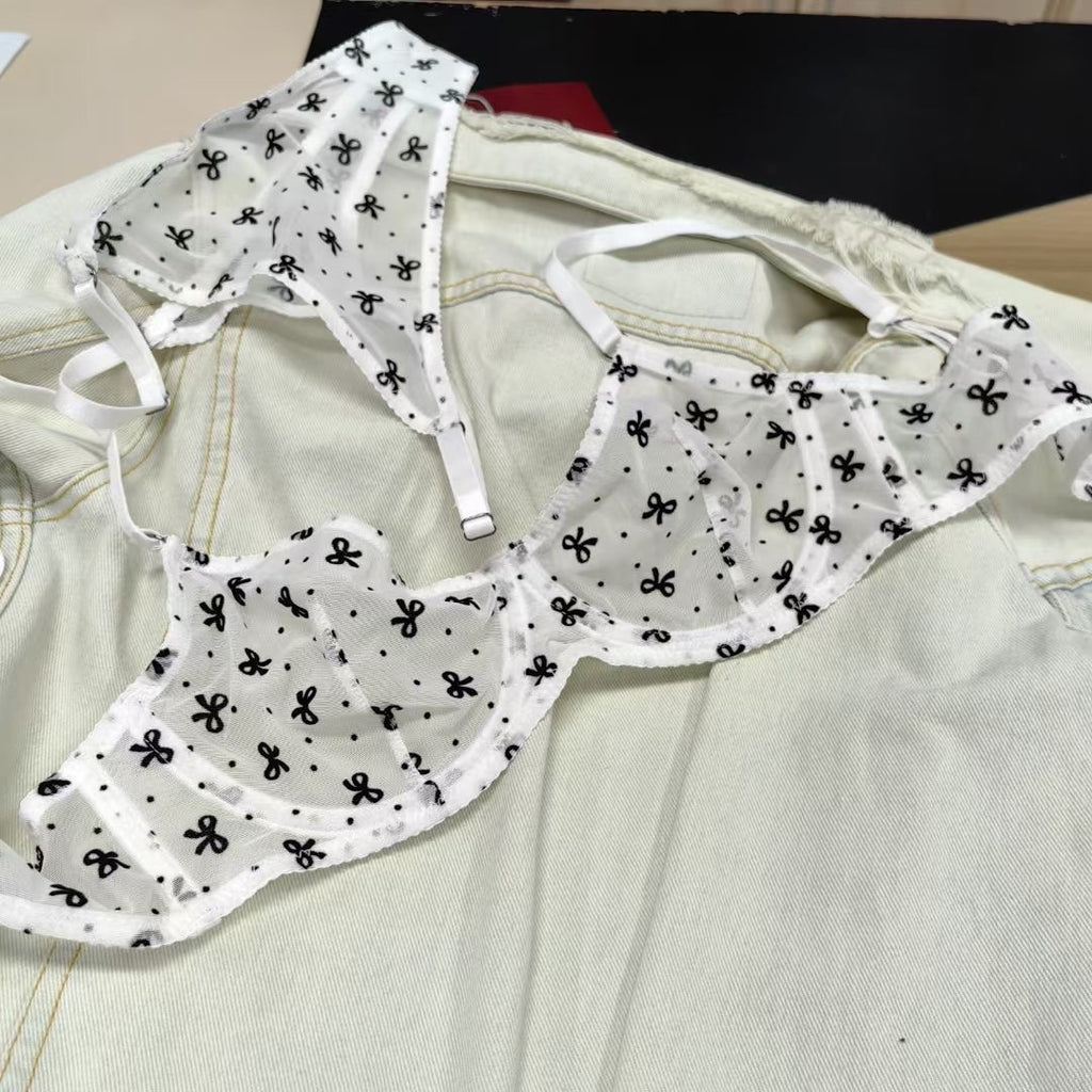 Sexy Lingerie Ultra-thin Sheer Flocked Printed Mesh Large Bust Minimizer Bra Set