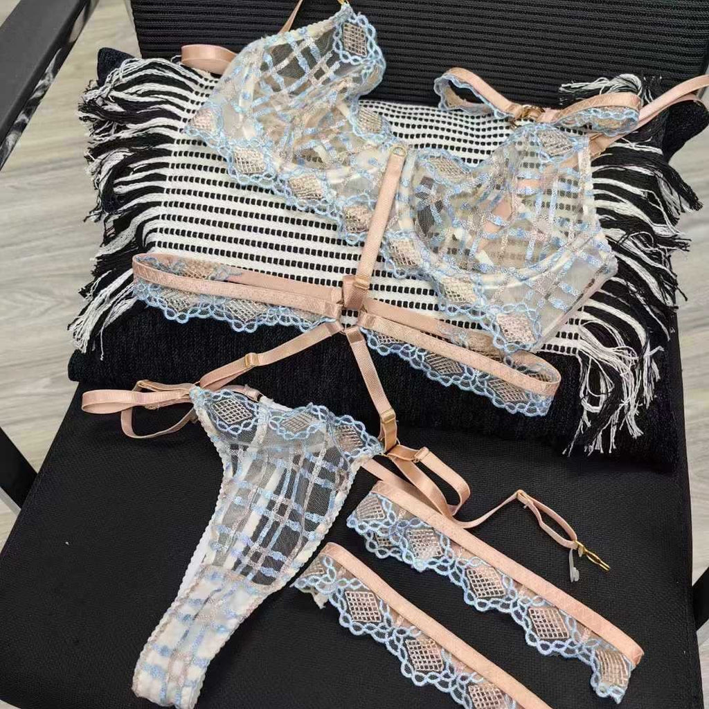 New Sexy Lingerie Ultra-Thin Plaid French Mesh Large Bust Minimizer Thong Five-Piece Set