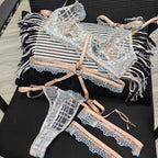 New Sexy Lingerie Ultra-Thin Plaid French Mesh Large Bust Minimizer Thong Five-Piece Set