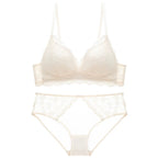 French Style Sexy Lace Thin Triangle Cup Wireless Push-Up Small Chest Lift Set