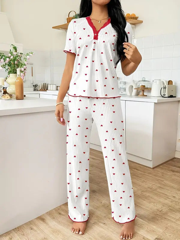 Pajamas Suit Women Sleepwear 2 Piece Sets Top Pants Short Sleeve Print V Neck Loungewear Summer Nightwear Trousers Outfits