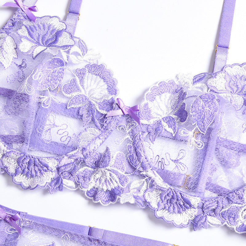 Cross-border supply European and American Foreign Trade Sexy Lingerie Sexy Women's Hollow Flower Bra Lace Trim Bowknot