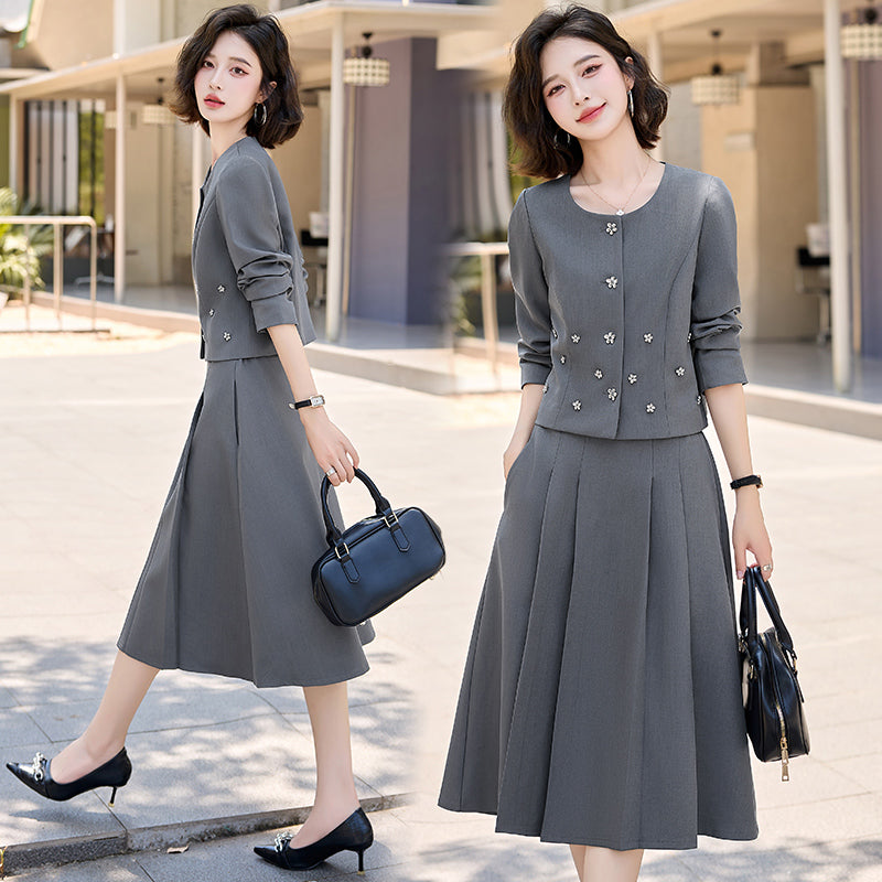 2025Autumn New Fashionable Elegant Slim Fit Round Neck Two-Piece Dress Set