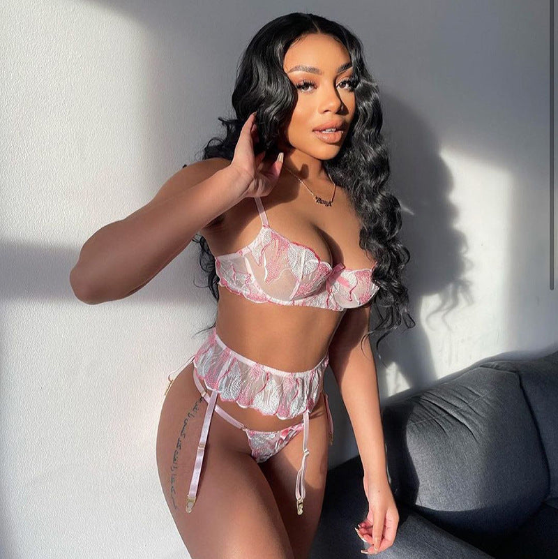 Cross-border supply European and American Foreign Trade Sexy Lingerie Sexy Women's Lace Erotic Garter Belt Three-Piece Set