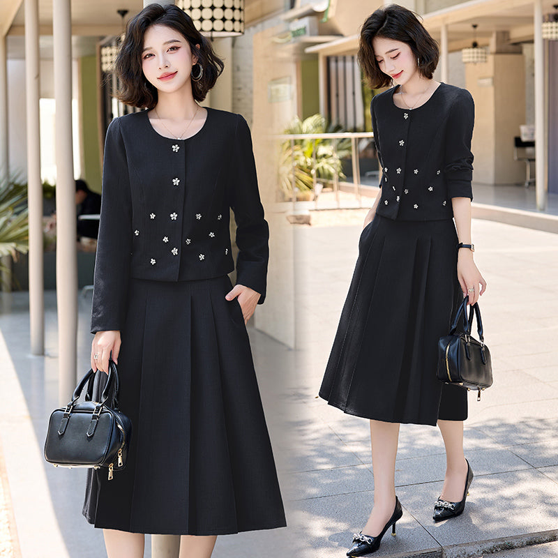 2025Autumn New Fashionable Elegant Slim Fit Round Neck Two-Piece Dress Set