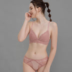 French Style Sexy Lace Thin Triangle Cup Wireless Push-Up Small Chest Lift Set