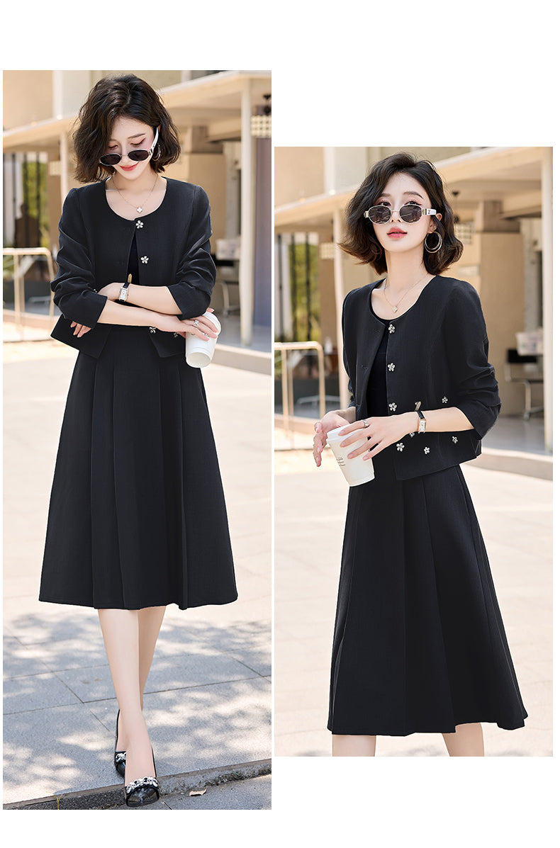 2025Autumn New Fashionable Elegant Slim Fit Round Neck Two-Piece Dress Set
