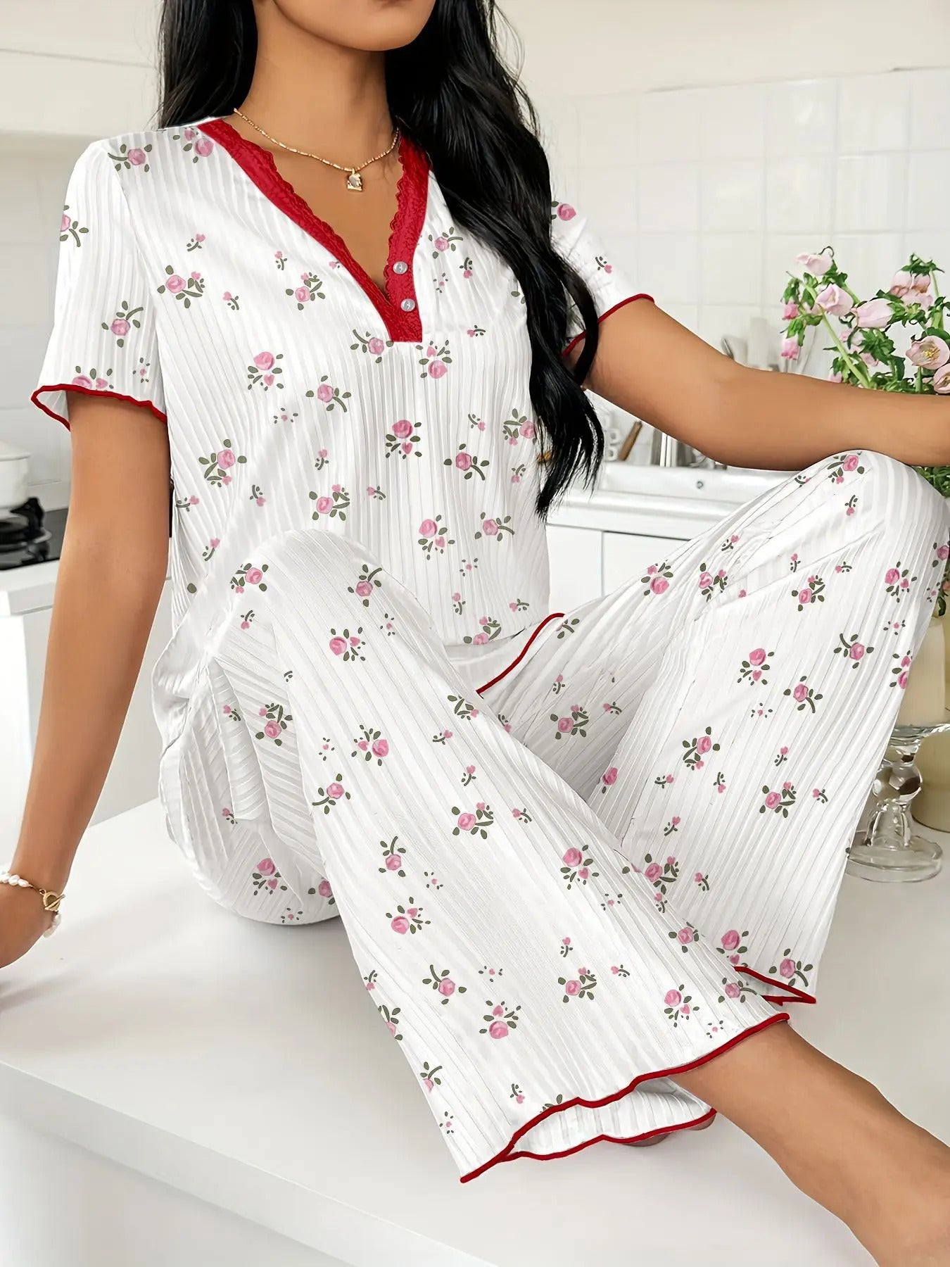 Pajamas Suit Women Sleepwear 2 Piece Sets Top Pants Short Sleeve Print V Neck Loungewear Summer Nightwear Trousers Outfits