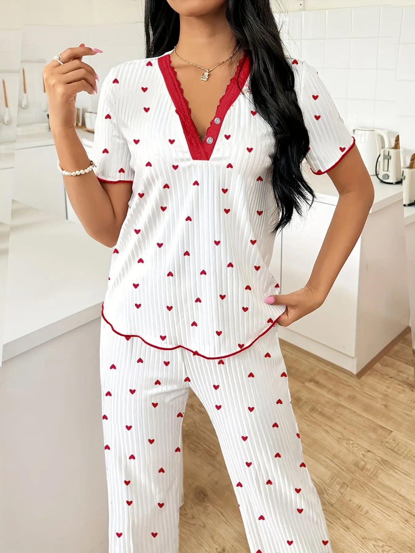 Pajamas Suit Women Sleepwear 2 Piece Sets Top Pants Short Sleeve Print V Neck Loungewear Summer Nightwear Trousers Outfits