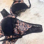 Sexy Leopard Print Thin Cotton Lace Patchwork Mesh French Lingerie Large Bust Minimizer Anti-Sagging Set
